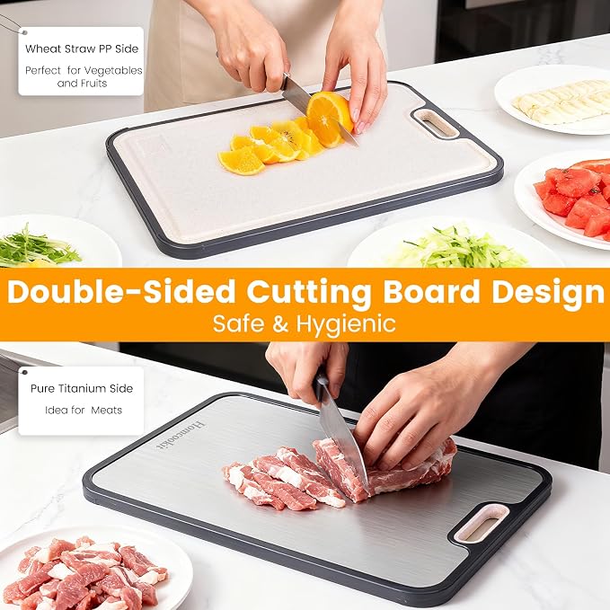 Titanium Cutting Board, Double Sided Wheat Straw, Non-Slip 16x11 | Double Sided Pure Titanium & PP,Non-Slip Edge for Countertop,Easy Clean, Stain & Odor Free,Large Size 16" x 11"