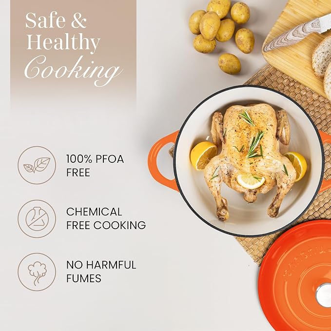 Cast Iron Pot with Lid-Non-Stick Ovenproof Enamelled Casserole Pot, Oven Safe up to 500° F-Sturdy Dutch Oven Cookware - Orange, 5-Quart, 24cm by- Nuovva