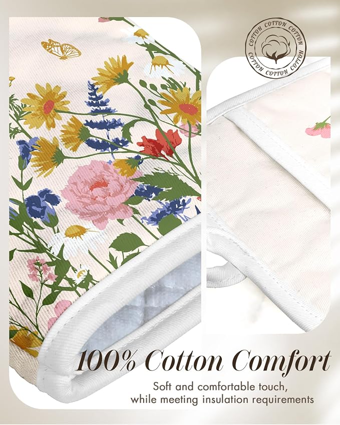 Miss Adola Cotton Oven Mitts and Pot Holders Sets, Meadow Bliss | Heat-resistant up to 350°F, Pure Cotton, Quilted Contact Surface, Stylish Design, with Hanging Loop, Ready to Gift Package