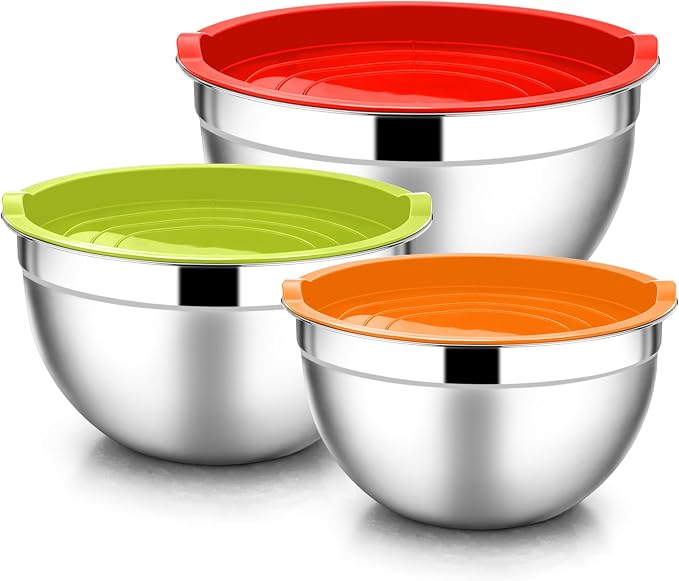 E-far Mixing Bowls with Lids Set, 6-Piece Stainless Steel Salad Bowls | Metal Nesting Cooking Bowls with Airtight Lid for Kitchen Storage, Baking & Prepping, Dishwasher Safe, 1.5/3/4.5 QT, Colorful