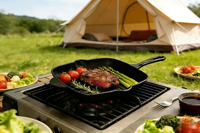 11 Inch Square Grill Pan & Cast Iron 10.5 Inch Round Griddle, Pre-Seasoned Crepe Pan, BBQ Hot Plate Pans with Handle Silicone