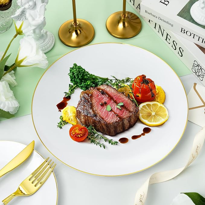 Bestluck 350PCS White Plastic Dinnerware Set, White Gold Plastic Plates for 50 Guests, Include 100 White Plates with 150 Plastic Cutlery, 50 Napkins and 50 Cups