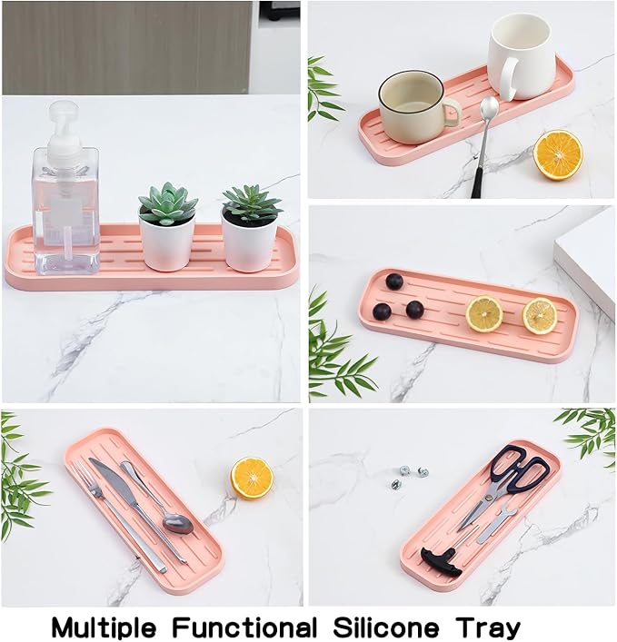 MicoYang Silicone Kitchen Sink Organizer Tray for Multiple Usage,Easy Clean,Eco-Friendly Sponges Holder for Kitchen Bathroom Counter or Sink,Dish Soap Dispenser,Scrubber,Bottle,Cup Pink 12" x 4”