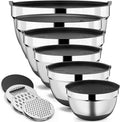 9 Pack Mixing Bowls with Airtight Lids & Grater Attachments, Black | Stainless Steel Bowl, Non-slip Bases, Nesting Kitchen Bowl, Size 5, 4, 3, 2, 1.5,1QT,for Food Prep, Baking, Storage & Serving