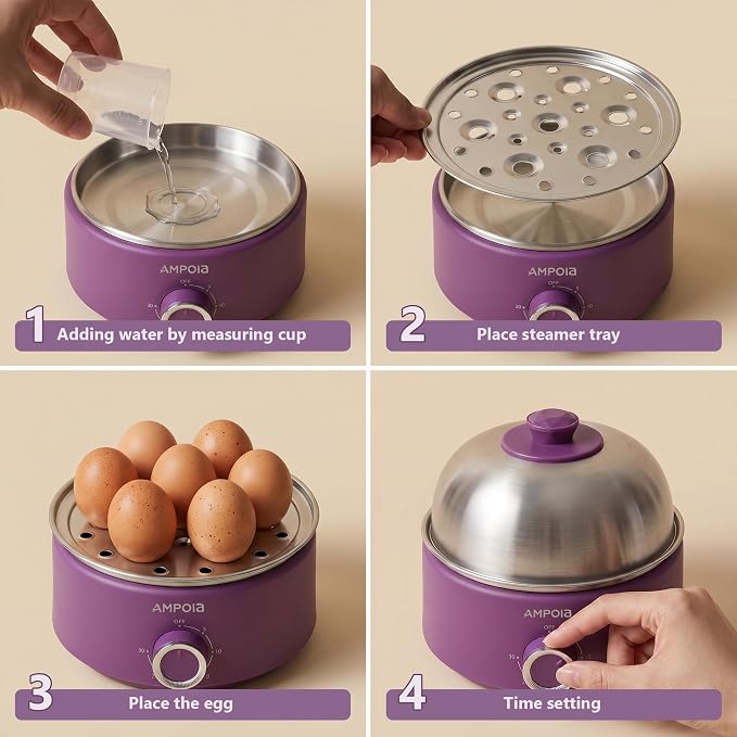 14 Eggs Electric Egg Cooker, 350W Rapid Egg Boiler with 30-Min Timer & Auto Shut-Off, Stainless Steel, Dishwasher Safe for Soft, Medium, Hard Boiled, Steamed Eggs, Vegetables & Seafood, Purple