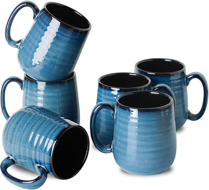 HASENSE Porcelain Coffee Mugs Set of 6, 15 Ounce Large Ceramic Coffee Cups Set with Handle for Latte, Tea, Cocoa and Hot Chocolate, Blue Coffee Mugs for Men and Women, Microwave Safe
