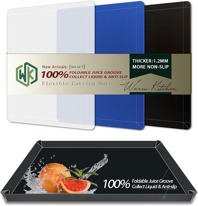 WK Flexible Plastic Cutting Boards Mats with Lip, Foldable Cutting Board for Kitchen Set of 3, Cutting Board for Meat, Nonslip Cutting Mats, BPA Free, Dishwasher Safe, Multi Colors