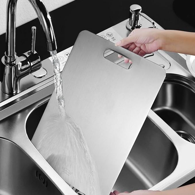3-Piece 304 Stainless Steel Cutting Board Set (1mm Thick) – S:9.5"x6", M:11.8"x7.8", L:13"x9" Reversible Boards with Handle for Kitchen, Home & Outdoor Use
