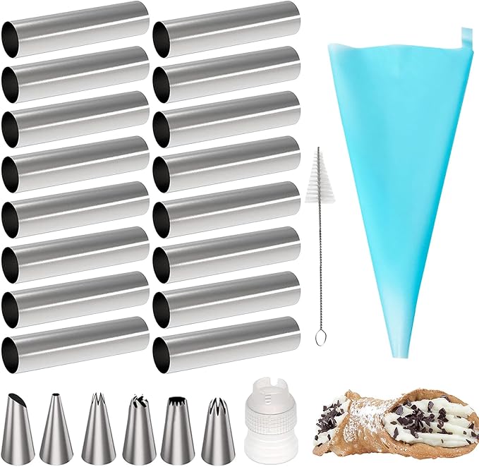 Cannoli Tubes Set, 25 Pack Large Cannoli Forms with Cleaning Brush, Reusable Silicone Piping Bag and Long Piping Tip, Stainless Steel Kitchen Tool DIY Dessert Supplies
