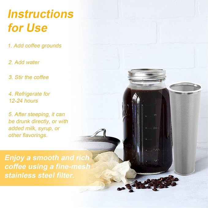 2 Pack 304 Stainless Steel Cold Brew Coffee Filter, Ultra-Fine Mesh Strainer for 1-2 Quart Wide Mouth Mason Jars, Seal Ring Design for Tea Fruit Infused Water