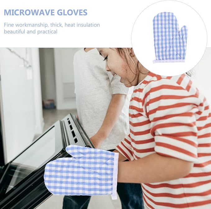 2Pcs Kids Oven Mitts for Children Play Kitchen, Anti- Scald Gloves Microwave Oven Gloves Kitchen Mitts for Kids Toddler Safe Baking Cooking (Light Blue Checkered)
