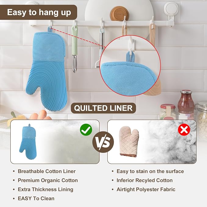 Silicone Oven Mitts-13.6 in Extended Oven Mitts Heat Resistant 500F, Oven Gloves with Soft Liner Good Grippy BPA-Free Easy to Clean Flexible-Oven Mits Set for Cooking Baking Grilling BBQ