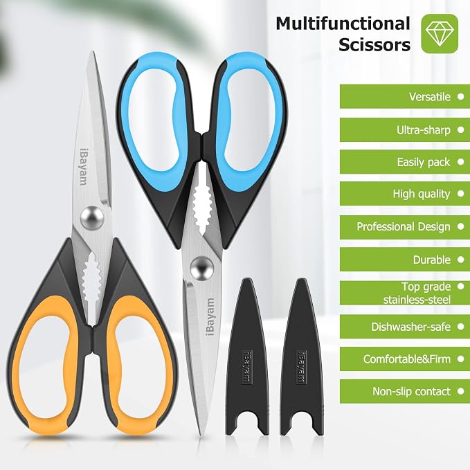 Kitchen Scissors, iBayam 2-Pack 8.7" Kitchen Shears Heavy Duty All Purpose | Stainless Steel, Comfort-Grip Handles, Dishwasher Safe Sharp Scissors Food Cooking Chicken, Poultry, Fish, Meat, Herbs