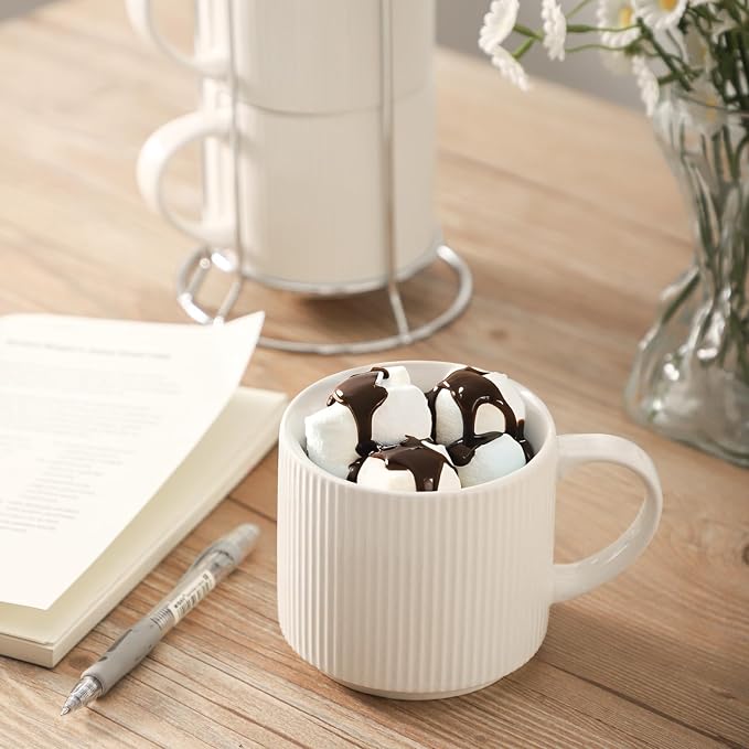 HASENSE Stackable Coffee Mugs,15oz Coffee mugs Set of 4,Ceramic Coffee Mug with Rack,Porcelain Coffee Cups for Latte,Cocoa, Americano, Hot Tea and Milk,Vertical Striped,White