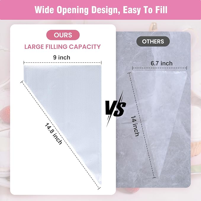 firstake Piping Bags Disposable 14 Inch 100pcs for Cake Decorating | Food Grade, Anti-Burst, Non-Slip, Smooth Interior, 5 Icing Bag Ties + 5 Clips + 3 Scrapers + 1 Scriber Needle