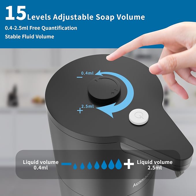 Automatic Soap Dispenser Touchless,15-Level,Kitchen Bath Black | Hands-Free,15-Level Dial Control,Thick & Thin Soap Compatible,Long Battery Life,Easy for Toddlers,Wall Mountable
