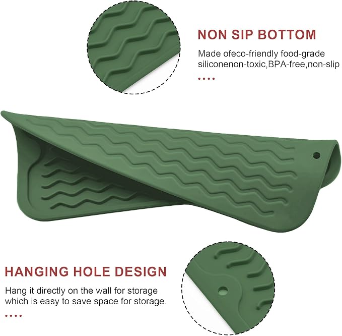 Silicone Dish Drying Mat, Non-Slip Easy Clean Sink Mat, Dark Green ,12"x6" | Quick-Dry Ridges, Large Heat-resistant Dish Drainer Mat for Kitchen Counter, Hangable & Roll-Up for Storage, Dishwasher Safe