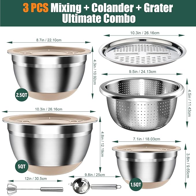 Stainless Steel Mixing Bowls Set with Lids & Silicone Base - 7-Piece Kitchen Gadgets Includes Colander, Grater, Egg Separator, Whisk - Nesting Bowls (1.5, 2, 2.5, 4.5 QT), Dishwasher Safe, Khaki