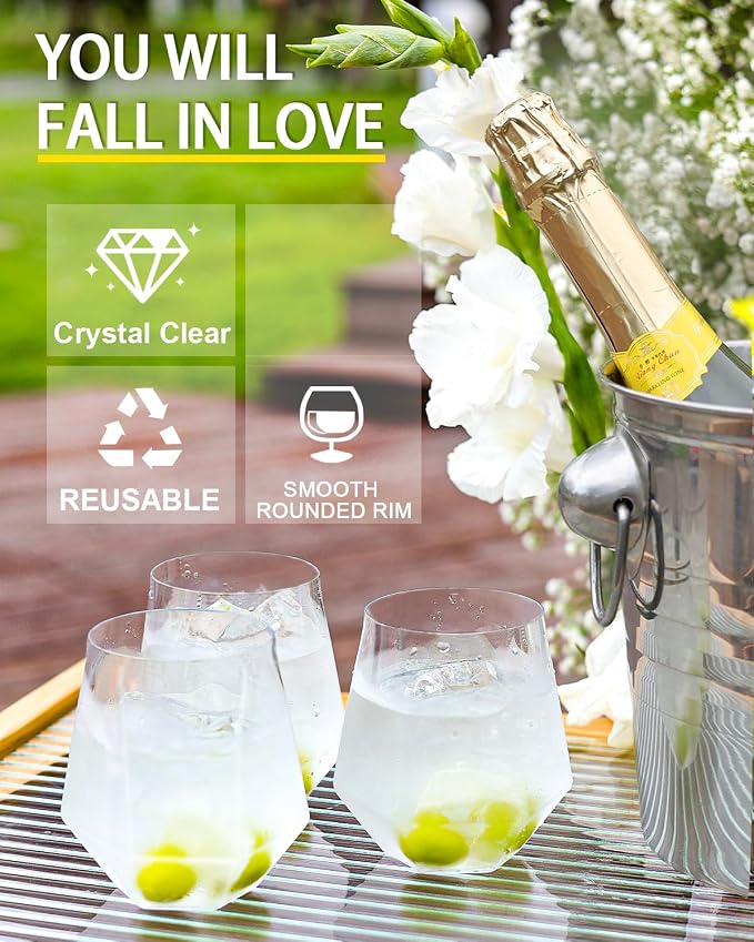40 Pack Plastic Wine Glasses, 12 Oz Disposable Cocktail Whiskey Glasses | Clear Diamond Stemless Champagne Margarita Glasses, Unbreakable Reusable Plastic Party Cups for Wedding Birthday