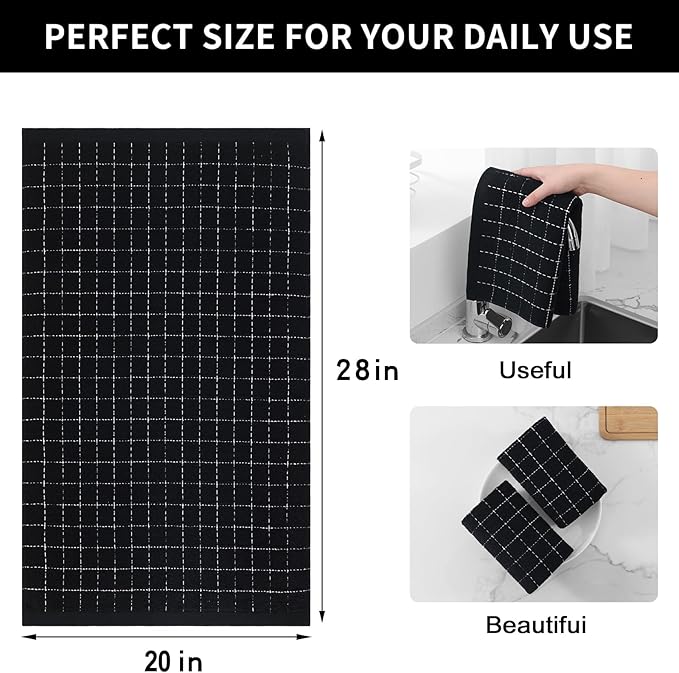Homaxy 100% Cotton Terry Kitchen Towels, Large 6 Pack, Black | Ultra Soft and Absorbent Dish Towels for Kitchen, Suitable for Drying and Washing Dishes