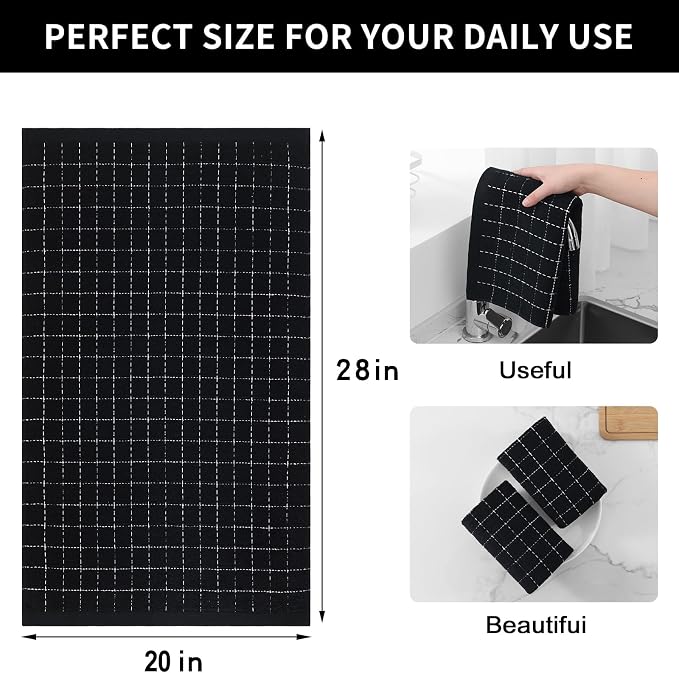 Homaxy 100% Cotton Terry Kitchen Towels, Large 8 Pack, Black | Ultra Soft and Absorbent Dish Towels for Kitchen, Suitable for Drying and Washing Dishes