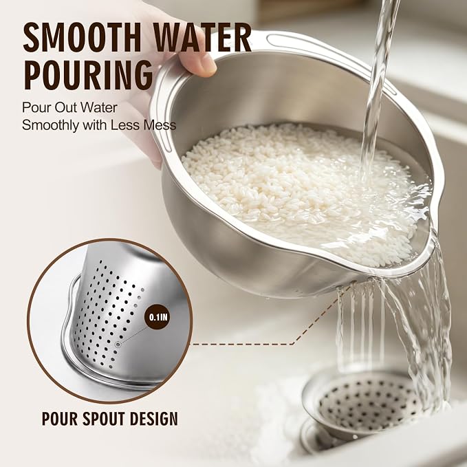 Palksky Rice Strainer & Rice Washing Bowl Stainless Steel - 5.6 Qt Professional Fine Mesh Rice Washer for Kitchen - Heavy Duty Rice Rinser, Cleaner & Drainer Colander for Quinoa, Grains & Fruit