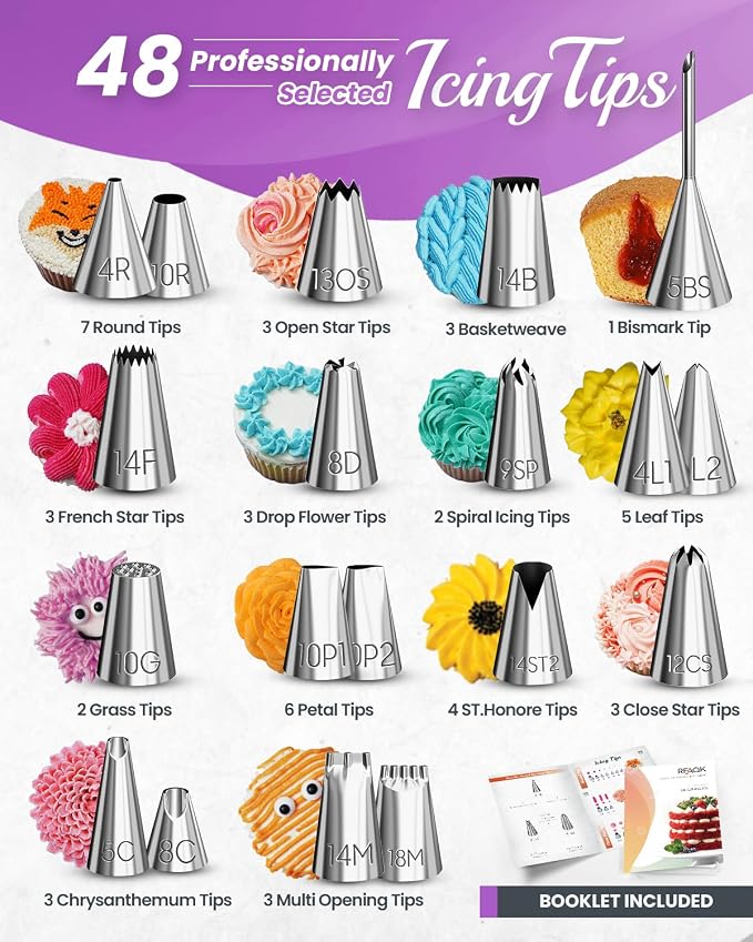 RFAQK 74 PCs Icing Piping Bags and Tips Set, Cake Decorating Kit with 48-Numbered Piping Tips, 20+1 Pastry Bags for Cookie Cupcake Cake Decoration, with Booklet and E-book (Purple)