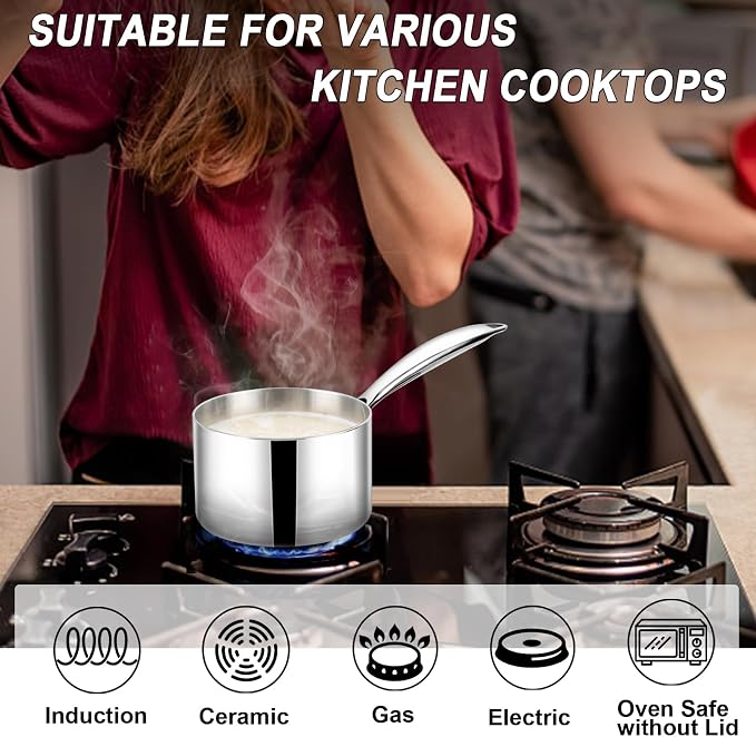 TeamFar 1qt Saucepan with Lid, Stainless Steel Tri-Ply Sauce Milk Pan | Small Cooking Pot with Ergonomic Handle, for Induction/ Gas/ Electric/ Ceramic, Healthy & Dishwasher Safe