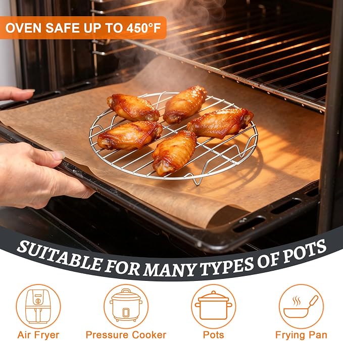 P&P CHEF 9 Inch Cooking Rack Round for Steaming Cooling, Silver, 2 Pack | Stainless Steel Round Wire Rack for Baking Grilling, Roasting, Fits Air Fryer, Steamer Pot, Oven & Dishwasher Safe