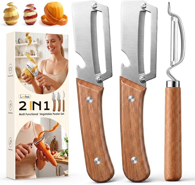 3-Pack Multi-Functional Vegetable Peeler for Kitchen Fruit Potato | 2026 Upgraded Ultra Sharp Stainless Steel Peelers with Ergonomic Wood Handle for Apple, Carrot, Pumpkin & kitchen Cooking