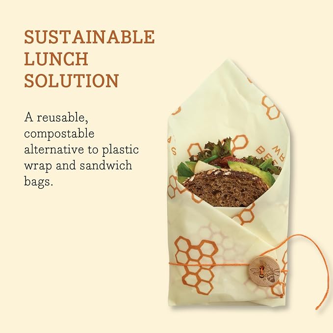 Bee's Wrap Beeswax Sandwich Wrap - Honeycomb | Button & Tie Closure - Plastic Free - Organic Beeswax Wraps - Reusable Lunch Wrap - Sandwiches & Snacks - Made in USA
