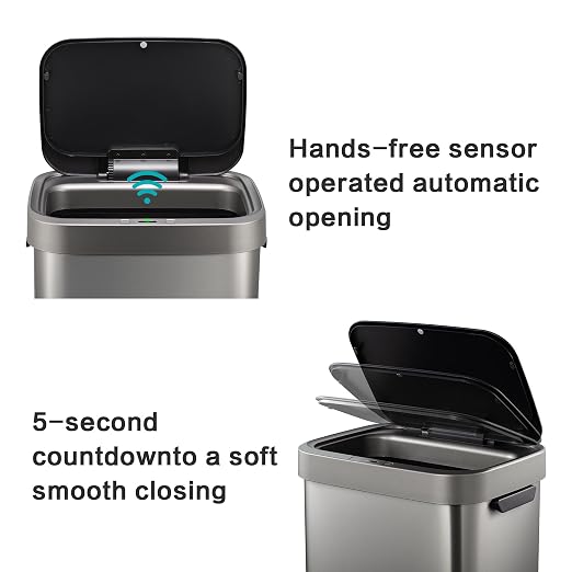 13 Gallon Trash Can, Touchless Stainless Steel Kitchen (Titanium) | Automatic Motion Sensor Lid | 50L Fits 13 Gal Tall Kitchen Bags | Anti-Fingerprint Brushed Finish | For Home Office