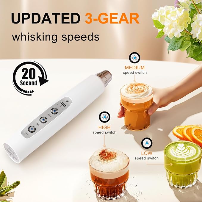 YUSWKO Handheld Milk Frother Wand for Coffee, Rechargeable Electric Whisk with 3 Heads 3 Speeds Drink Mixer Coffee Frother For Latte, Cappuccino, Hot Chocolate, Egg, White