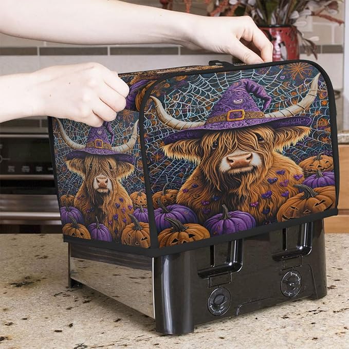 4 Slice Toaster Cover Halloween Highland Cattle Toaster Covers Four Slice Wide Slot Waterproof and Dustproof Covers for Wide Slot Toasters and Small Appliances Kitchen Decor Gifts