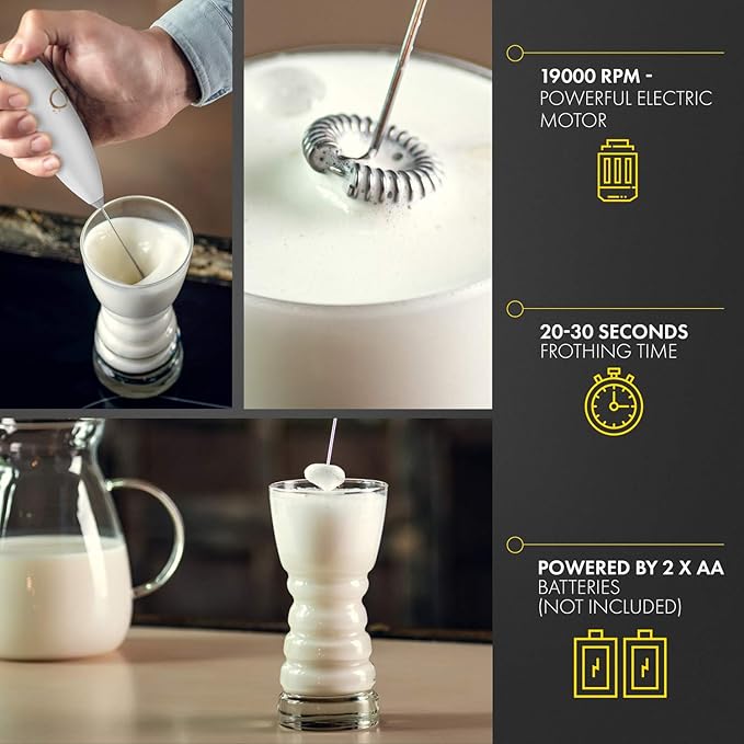 Milk Frother White - Coffee Frother Handheld with Electric Whisk - 19000 rpm - Book Recipes and Stainless Steel Stand Included - Hand Mixer Electric (White and Gold) | Battery 19000 RPM whisk, stainless steel stand & recipe book, lattes, cappuccino, ma...