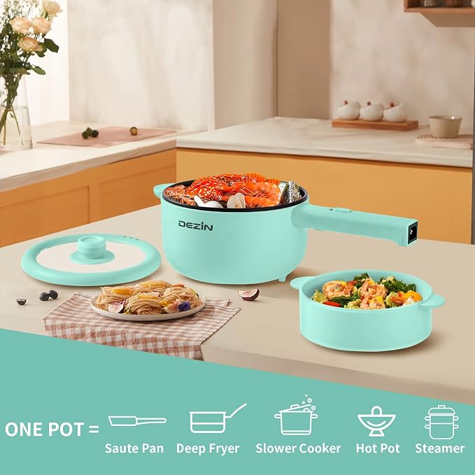 Dezin 2L Hot Pot Electric, Non-Stick Electric Pan, 700W Adjustable Power | Electric Pot for Cooking/Steak/Egg/Fried Rice/Ramen/Soup, Portable Pot for Dorm/RV/Family/Travel/Camping, Include Spatula