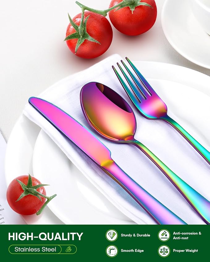 PHILIPALA 60 Piece Rainbow Silverware Set, Stainless Steel Flatware Set for 12 Colorful Novelty Flatware Cutlery Utensil Set Include Knife Fork Spoon Food Grade Mirror Polished Dishwasher Safe