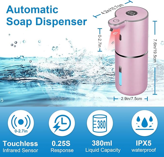 OHIFAST Automatic Liquid Soap Dispenser Touchless, USB Rechargeable Smart Hand Soap Dispenser, 6-Level Adjustable, 12.8oz/380mL Wall Mounted for Bathroom Kitchen Accessories Dish Soap-Rose Gold