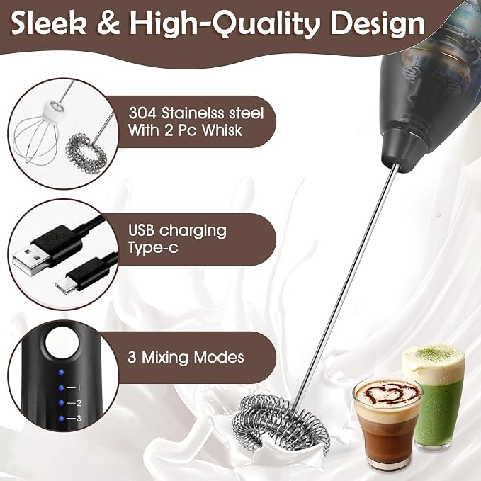 Powerful Milk Frother - Electric Handheld Milk Foam Maker with Stand, Milk Jug and 2 Stainless Steel Whisks, Rechargeable 3 Speeds for Coffee Lattes Cappuccino Matcha