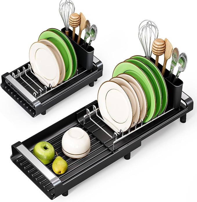 TOOLF Small Dish Drying Rack, Expandable and Space-Saving, Matte Black | Mini Dish racks for kitchen counter, Compact Design Fits Sink or Counter, Stainless Steel Plate Rack, 11"-19.3"L×7.7"W×3.54"H