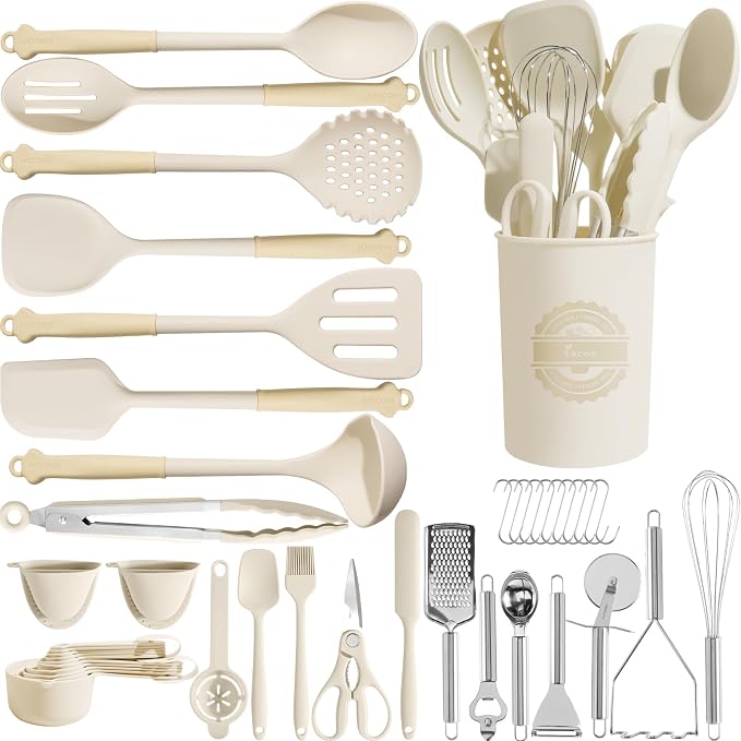 Kikcoin 43Pcs Large Kitchen Utensils Set - Silicone Cooking Utensils Set, Dishwasher Safe Spatula Set for Non-stick Cookware, 446°F Heat Resistant Kitchen Utensils Set with Holder BPA Free, Cream