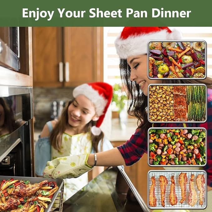 Half Baking Sheet Pan Cooling Rack Set, Stainless Steel 2 Pans + 2 Racks | 18x12x1 Inches Baking Sheet Pan with Nonstick, Warp Resistant, Heavy Duty Design for Baking, Roasting, and Cooking