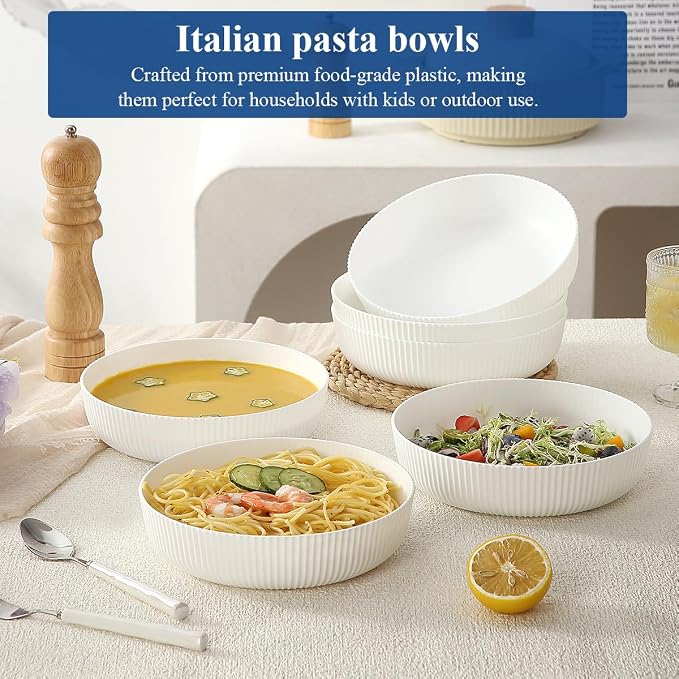 HOMQUEN Pasta Bowls Set of 6, 37oz Salad Bowls White Soup Bowls, Large Pasta Serving Bowls, Unbreakable Plastic Dinner Bowls, Dinnerware Sets,Valentines Day Gift, Dishwasher Safe (White)