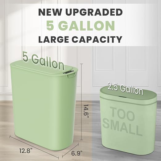 Cesun 5 Gallon Automatic Bathroom Trash Can with Lid, Green, Touchless | Motion Sensor, Slim, Small Smart Garbage Bin, Plastic, Battery Operated, Manual Button, for Office/RV/Bedroom/Living Room