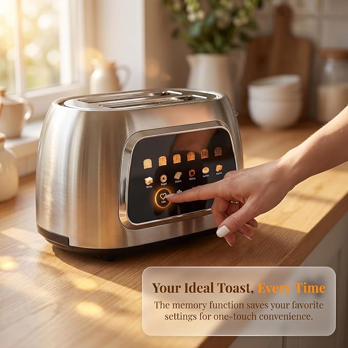 Tesslux Toaster 2 Slice, Extra Wide Slot, 800W, Touch Screen Panel, Silver | LED Countdown, 6 Bread Modes, 6 Browning Levels, Memory Button, Defrost, Reheat, Cancel, Crumb Tray, Brushed Stainless Steel