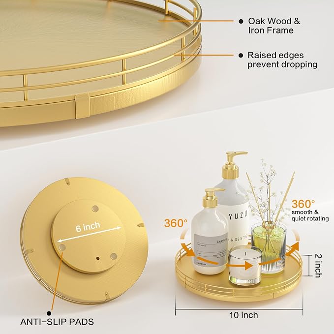 Oroyutor 10-Inch Oak Lazy Susan Vanity Tray with Gold Metal Rail | Rotating oak tray organizes spices, toiletries and decor on kitchen counters, bathroom vanities, dining and coffee tables.