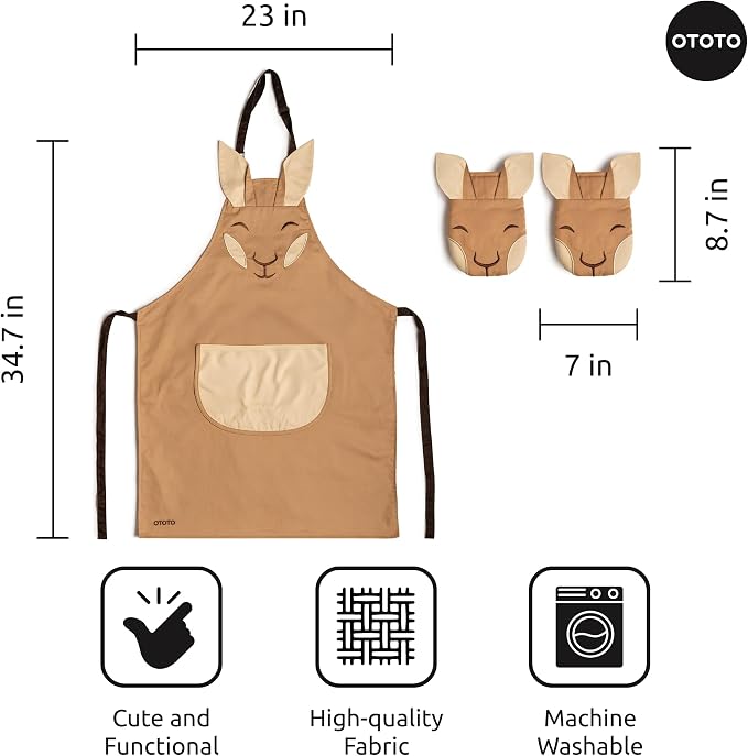 OTOTO Aproo Kitchen Set – Oven Mitts and Chef Apron with Pockets, Cute Cooking Accessories, Funny Kitchen Gift, Kangaroo (Brown Aproo Set)