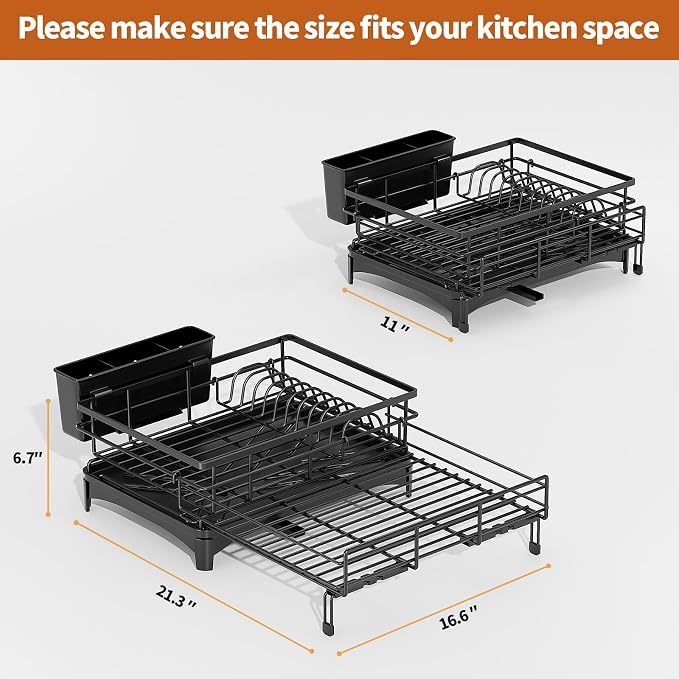 Laveshop Dish Drying Rack - Expandable Rack, Large Capacity Dish Drainer for Kitchen Counter, Rust-Proof with Utensil Holder, Black