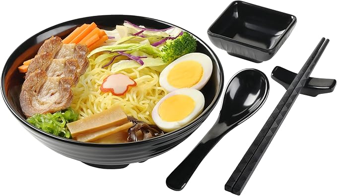 Unbreakable Ramen Bowl Set with Chopsticks and Spoon: 2 large Japanese Style Melamine Ramen Bowls, Dipping Bowls and Chopstick Stands for Asian Pho Soup Thai Miso Udon Wonton (2 Bowl Set, Black)
