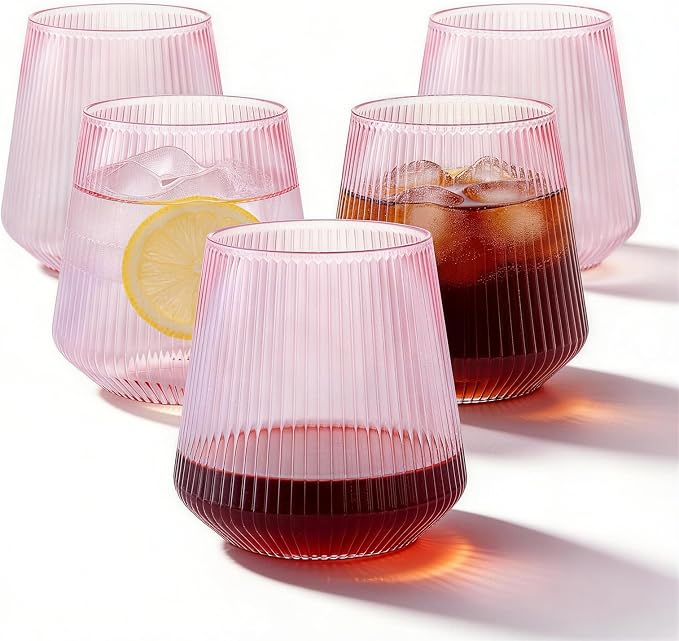 BESTSTAR 36 Pcs 12 oz Plastic Pink Ribbed Wine Glasses,Origami Ripple Glass | Disposable Champagne Glasses Elegant Whiskey Glasses Ideal for Weddings, Bars, Christmas, Halloween, Pool Party, Daily Use